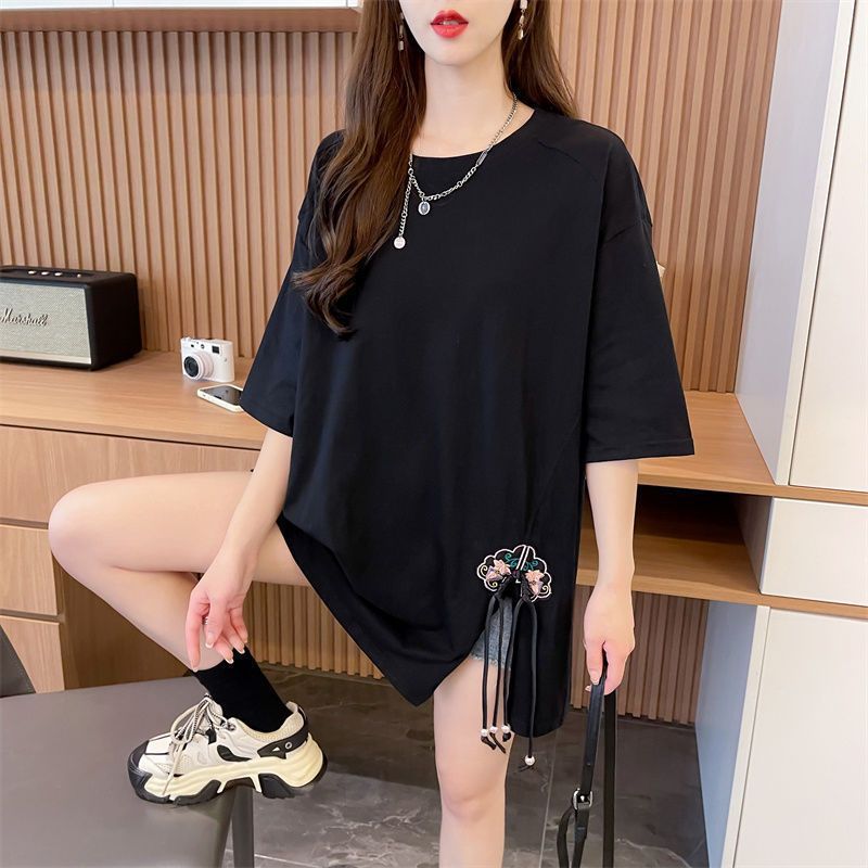 Camiseta de manga corta con hebilla de talla grande, estilo nacional femenino, suelta, talla grande, delgada, 2024 verano, nuevo estilo, top bordado, marea image 3