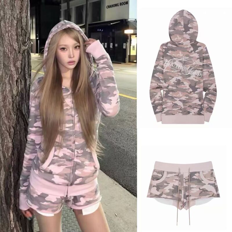 Korean niche brand SUI Lee Soobin's YOU* spicy girl style rhinestone printed camouflage hooded jacket and shorts set