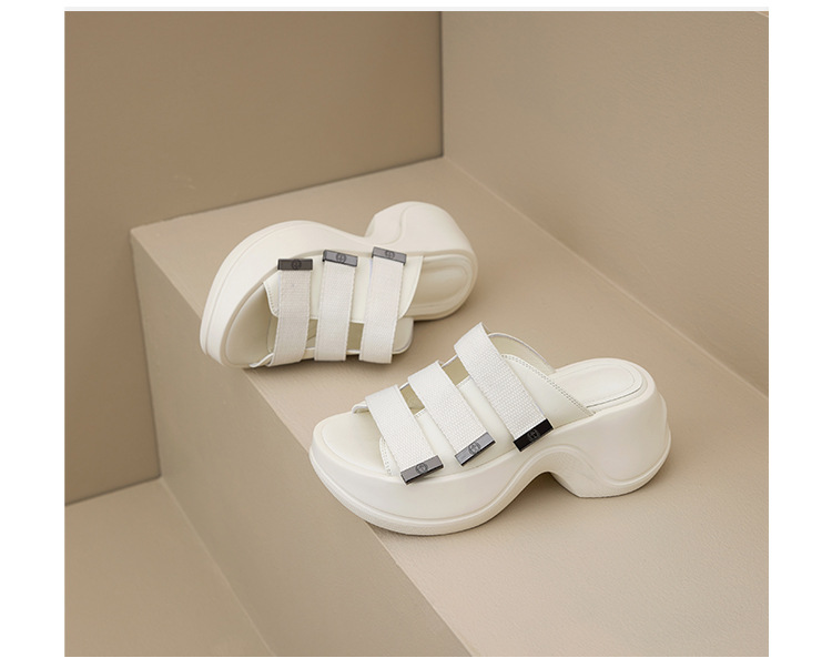 Dép sandal hở mũi nữ đế bệt 7cm tăng chiều cao quai ngang Velcro — đen, Màu trắng sữa chi tiết 22