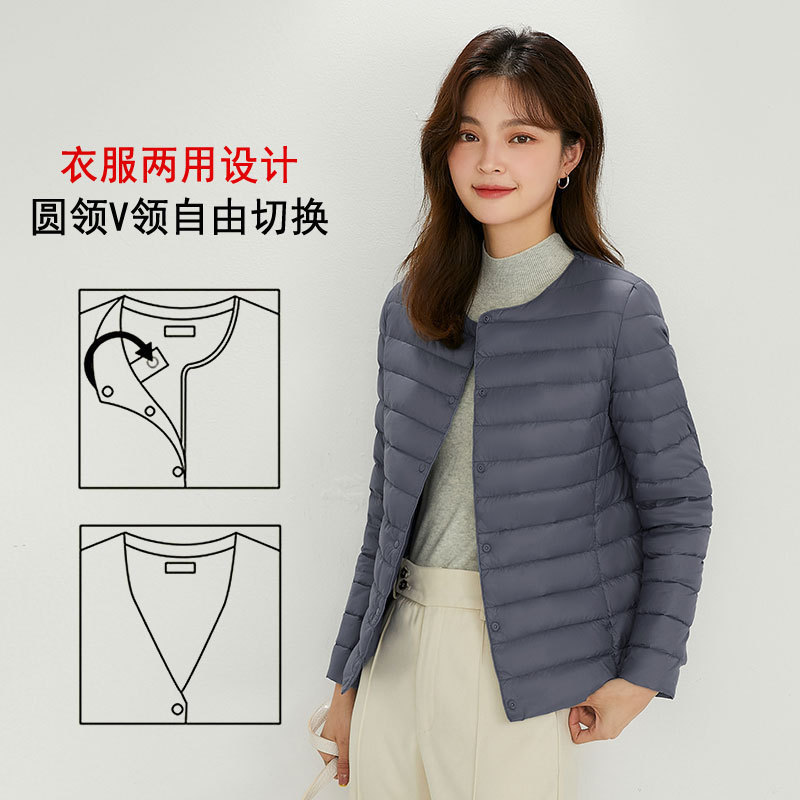 Nuevo chaqueta de plumón ligera para mujeres de invierno y otoño, chaqueta de cuello redondo de cuello en V, doble chaqueta corta grande y delgada