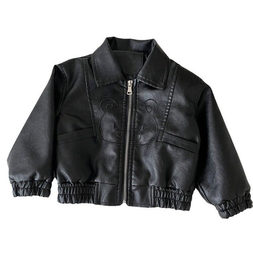 Children's Leather Jacket 2025 Spring Korean Style Casual Small and Medium Children's Flowered Bear Soft PU Jacket Top