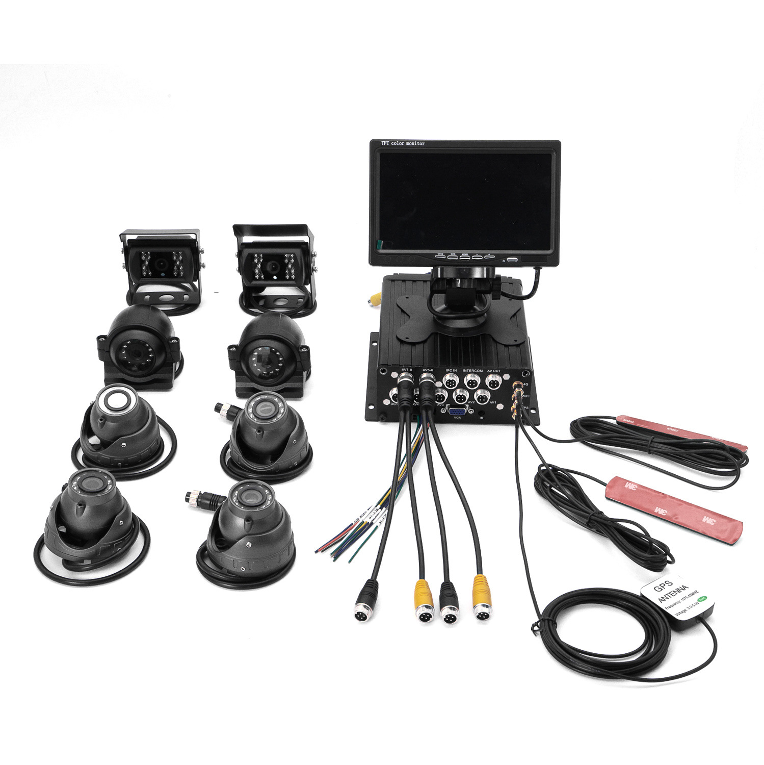 卡车H.265压缩8路车载硬盘录像机套装含摄像头显示器4G GPS WIFI