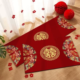 结婚喜庆红地垫卧室水晶绒地毯红喜字装饰飘窗垫入户耐脏吸水脚垫