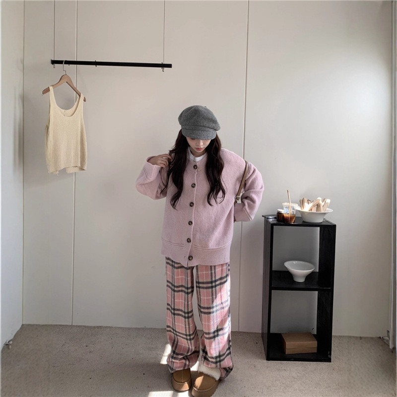 温柔气质甜酷风毛衣外套开衫+粉色格纹毛呢阔腿裤两件套女秋冬|undefined