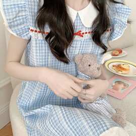 蓝白格纹娃娃领睡裙 棉纱透气小飞袖少女风可外穿家居裙