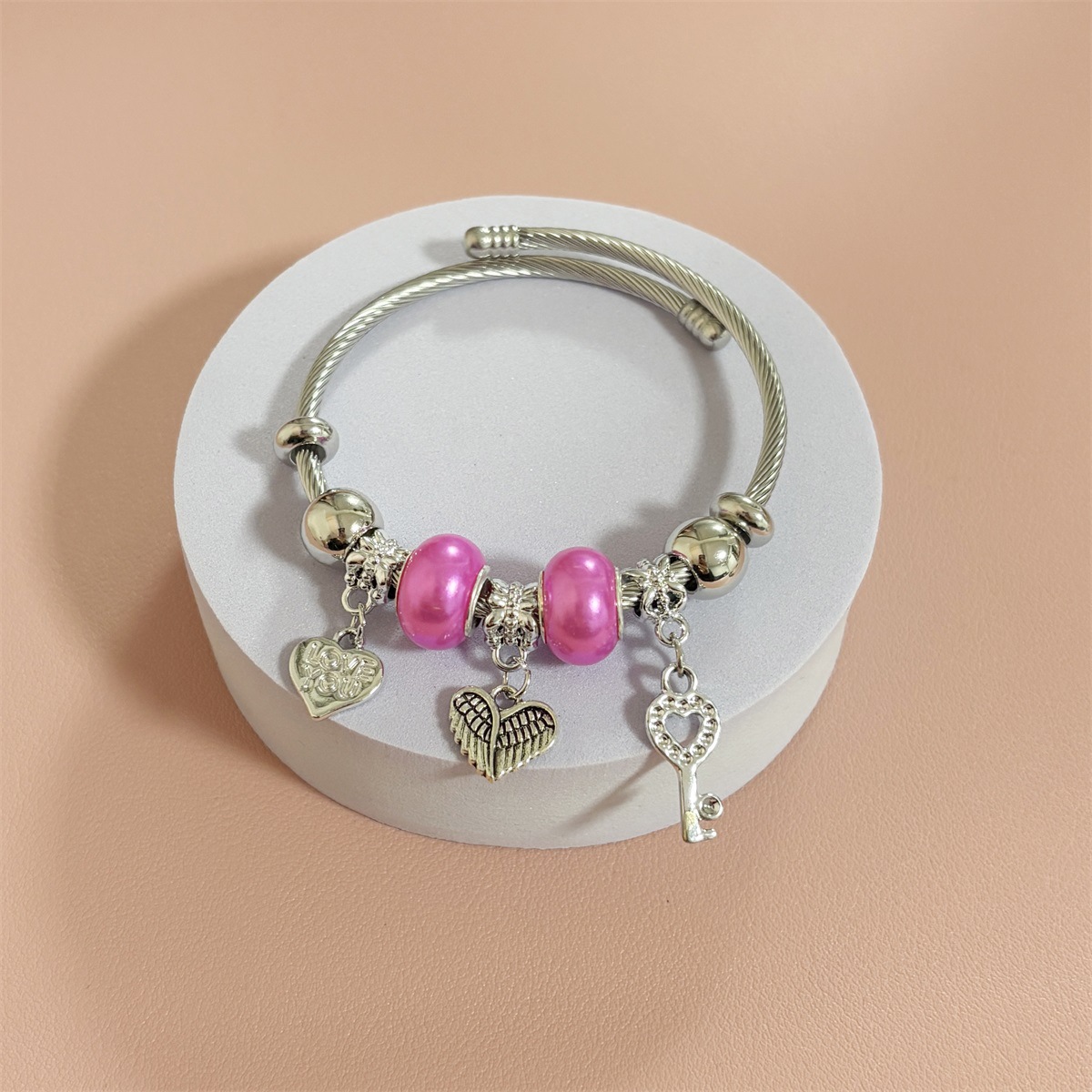 Pandora Style Charm Bracelet With Wing Heart And Key Pendants_voghion.com