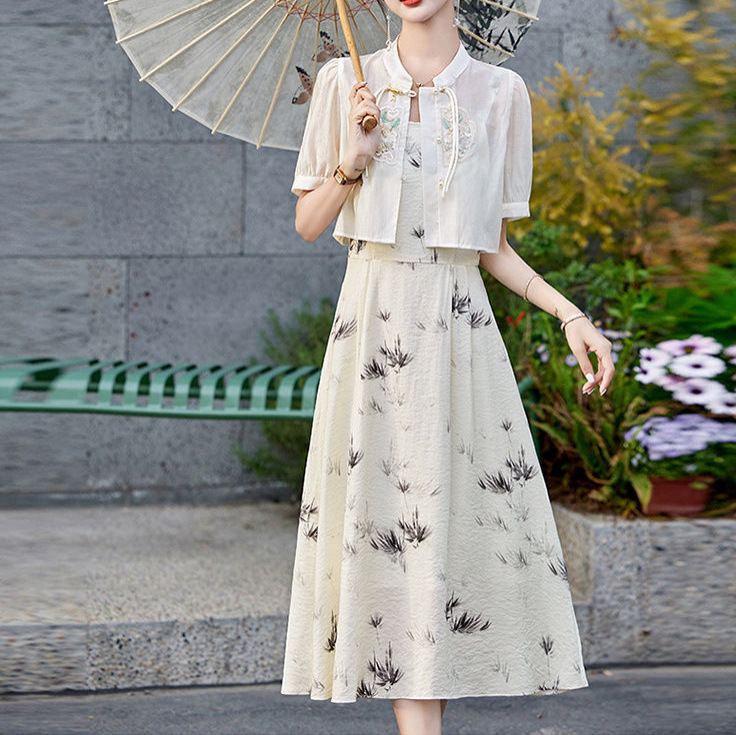 New Chinese Style Pure Lust Style Printed Dress Suit Retro Summer New Waist Floral Suspender Skirt Two-Piece Set