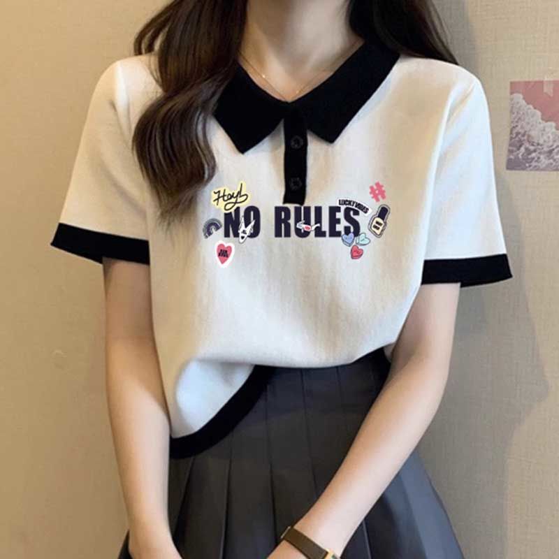 Loose Slim Shoulder Design Sense Niche Contrast Color Lar Short-sleeved T-shirt Women's Polo Shirt Short Top for Summer