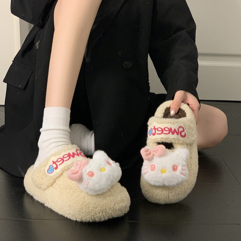 厚底增高防滑包头拖鞋女外穿2025秋冬新款可爱卡通小猫毛毛棉拖鞋|undefined