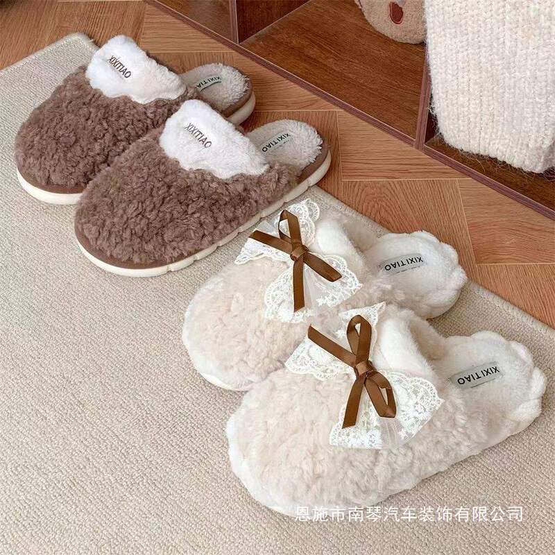 Korean Style Fairy Style Bow Four-Season Cotton Slippers for Men and Women, Non-Slip Home Warm Four-Season Confinement Shoes for Men and Women