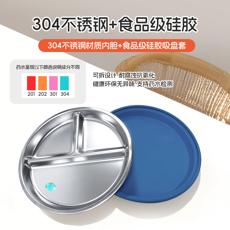 Plato de comedor de acero inoxidable 304 20CM Funda de silicona Amazon Venta caliente Plato de comedor de silicona de embalaje personalizado