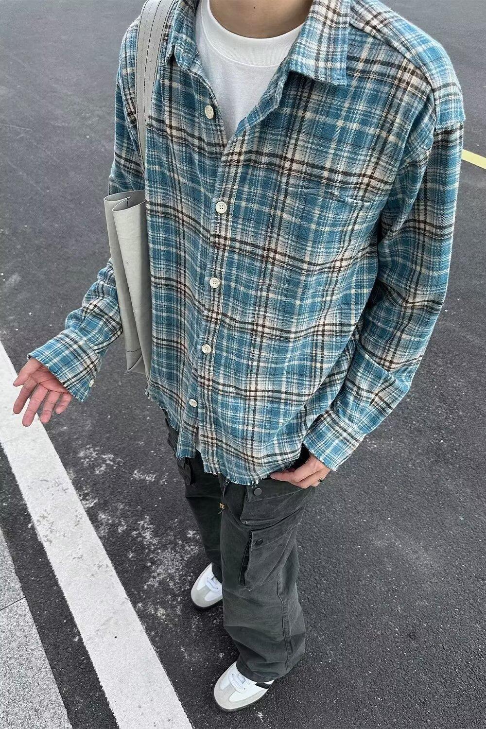 American High Street Plaid Washed Frayed Long Sleeve Unisex 2025 Spring Autumn Loose Trendy Shirt_viptrois.com