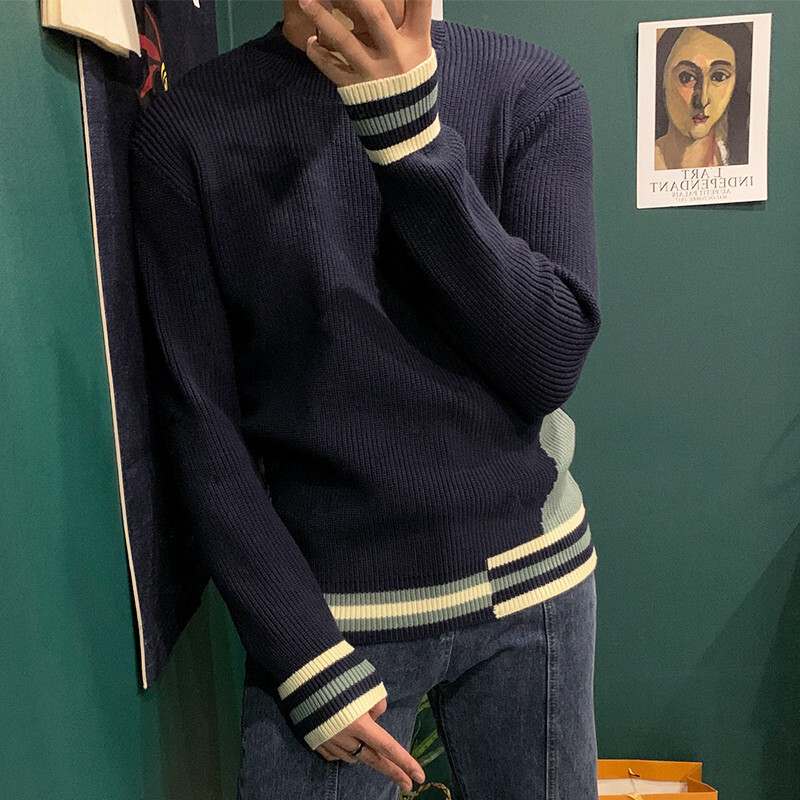韩国时尚异色拼接粗针加厚毛线衫冬季个性破烂设计休闲圆领毛衣男