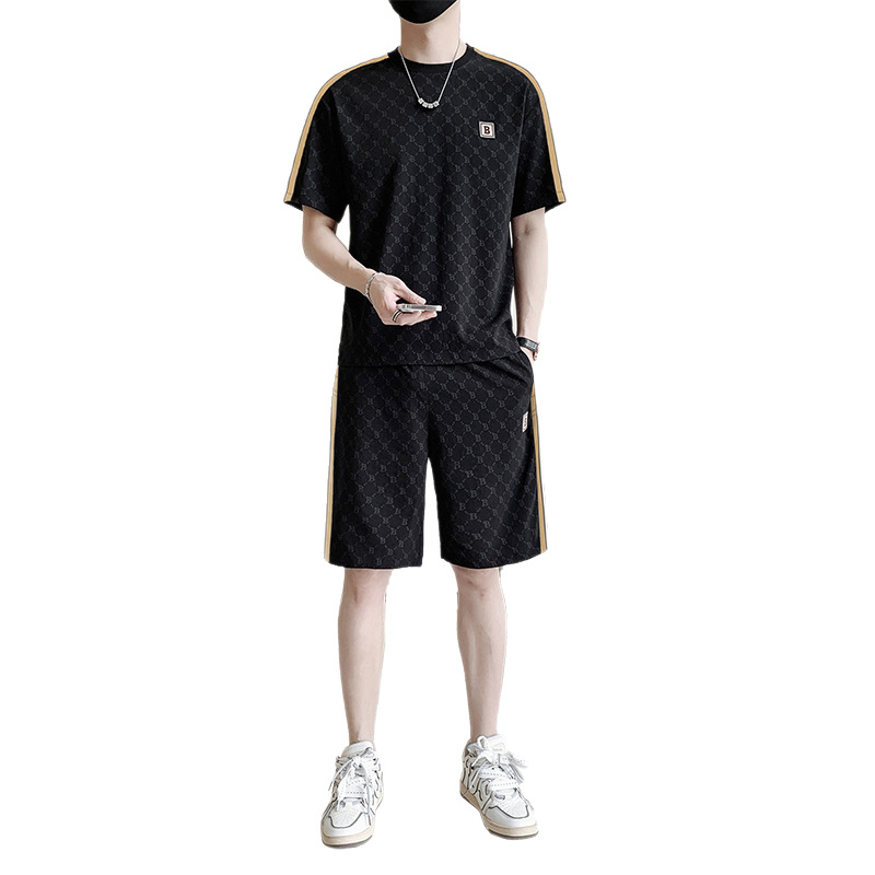 2025 verano nuevo estilo traje de seda de hielo casual para hombres tendencia hermosa camiseta pantalones cortos deportivos de dos piezas