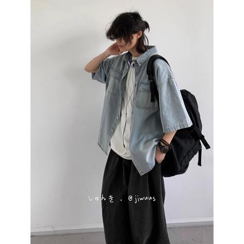 Summer Japanese Washed Distressed Pocket Short-Sleeve Denim Shirt for Men and Women, Trendy Retro Workwear Blouse Jacket