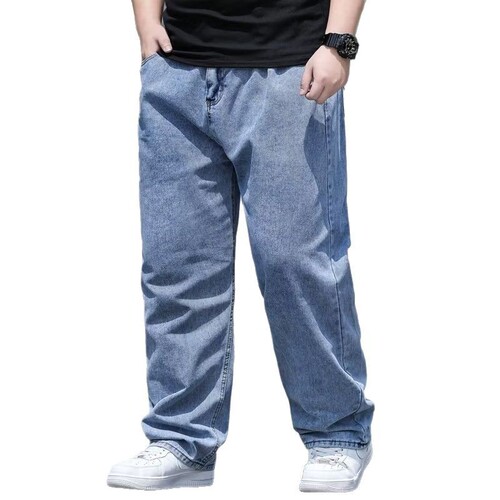 Men's plus size denim jeans for autumn, plus size men's pants, loose straight-leg, for plus-size individuals, wide-leg, elastic waist long pants