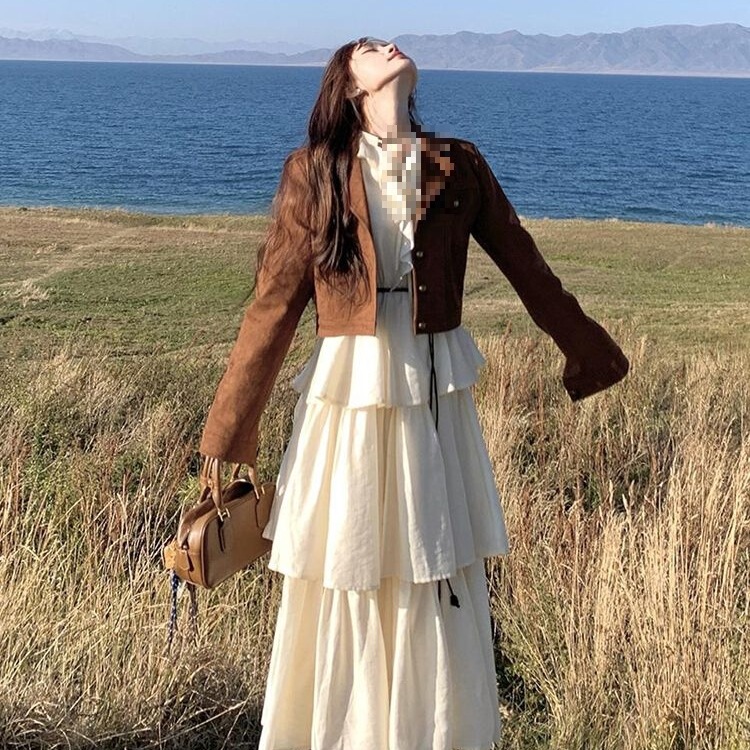 Spring Romance: Melard Faux Leather Short Jacket Dress Resort Style Outfit Ootd Complete Set