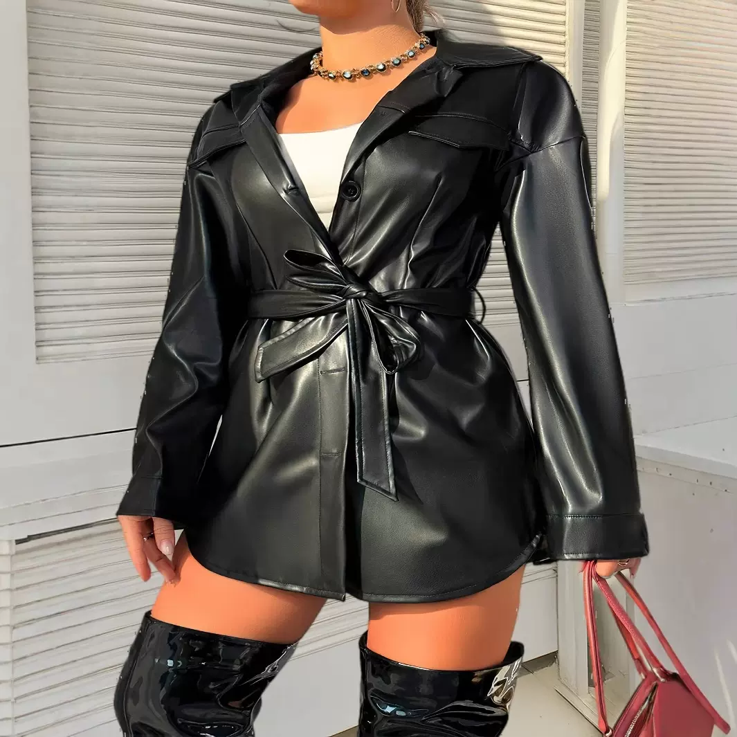 亚马逊跨境欧美女士大码休闲皮衣外套，带翻领 - 纯色，轻微弹力