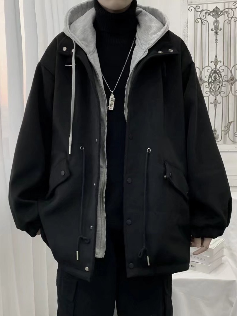 Oscuro ins moda marca High Street abrigo de lana de los hombres Otoño e Invierno estilo coreano moda suelta con capucha abrigo de lana