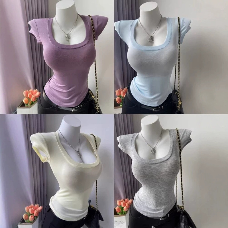 Modal Rayon U-Neck Short-Sleeve T-Shirt for Women, Lightweight, Slightly Sheer, Slim Fit, Waist-Cinching, Low-Cut, Sexy Hot Girl Top for Summer Modal Rayon U-Neck Short-Sleeve T-Shirt for Women, Lightweight, Slightly Sheer, Slim Fit, Waist-Cinching, Low-Cut, Sexy Hot Girl Top for Summer
