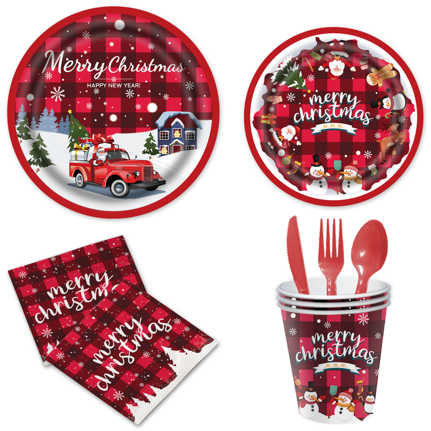 Año nuevo Navidad tema de alce vajilla de fiesta vajilla desechable bandeja de papel taza de papel toalla de papel bandera de tracción mantel de Navidad