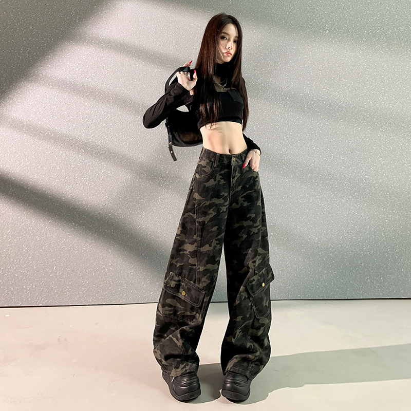 JM2025新款迷彩工装裤多口袋宽松牛仔裤女百搭显瘦迷彩加长牛仔棉|undefined