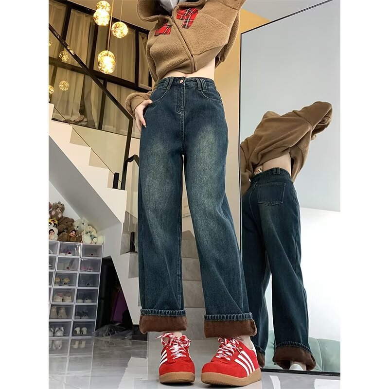 Thread fleece-lined thick wide leg jeans women's autumn and winter high waist loose Korean style design warm straight pants