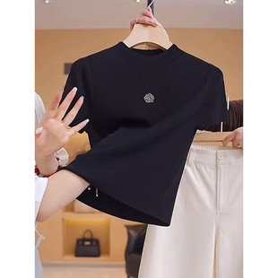 Q1E Official Picture Camellia Short-Sleeved T-Shirt for Women 2024 Summer New Half Turtleneck Versatile Slimming Look Ice Silk Knitted Top