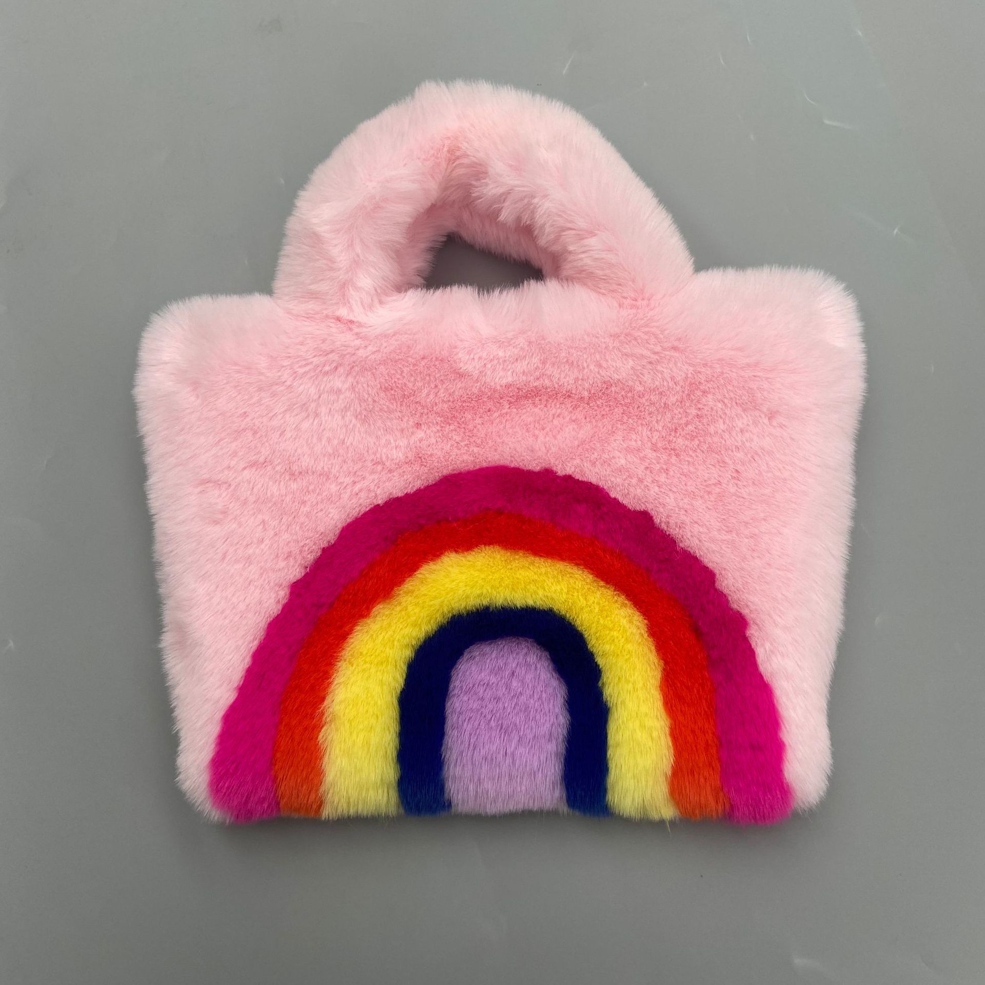 Bolso de mano tipo tote para mujer, de gran capacidad, con diseño de piel de conejo sintética, estilo arcoíris, éxito de ventas transfronterizo, moderno y versátil.