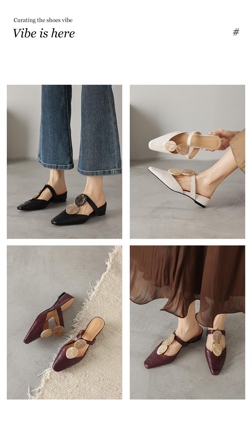 Sandal nữ da dê mũi kín gót thấp phong cách vỏ sò — đen chi tiết 1