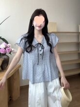 大码胖mm波点V领系带衬衫女夏季宽松甜美小清新泡泡袖娃娃衫上衣