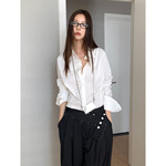 桃乐丝服饰 韩国设计感无扣卷边单排扣长袖衬衫女百搭气质衬衣女