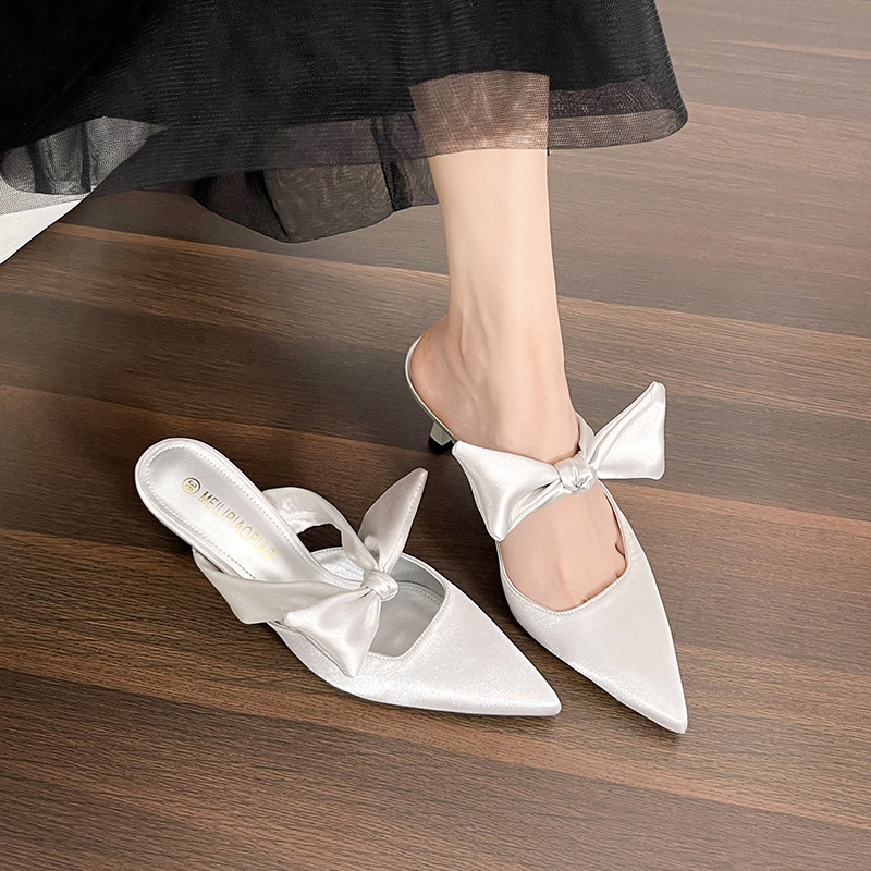 Nai Bai Premium! New Summer Style Satin Pointed-Toe Bow Mules with Thin High Heels for Women, Closed-Toe Half-Slippers