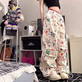 潮酷辣妹彩色涂鸦工装裤女春秋新款宽松设计感垂感休闲阔腿裤批发