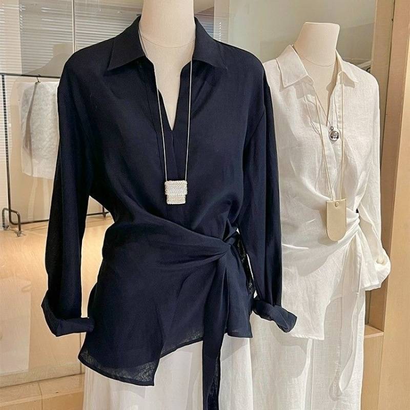 Linen Shirt for Women with Irregular Design, Lace-Up Waist, French Old Money Style, Relaxed Elegant, Long-Sleeved Loose Top