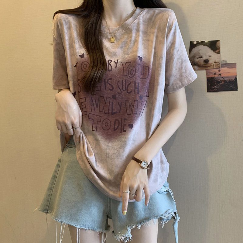 Camiseta de manga corta plisada con estampado de amor de talla grande para mujer 2024 verano nuevo estilo suelto y delgado top de mm para mujer