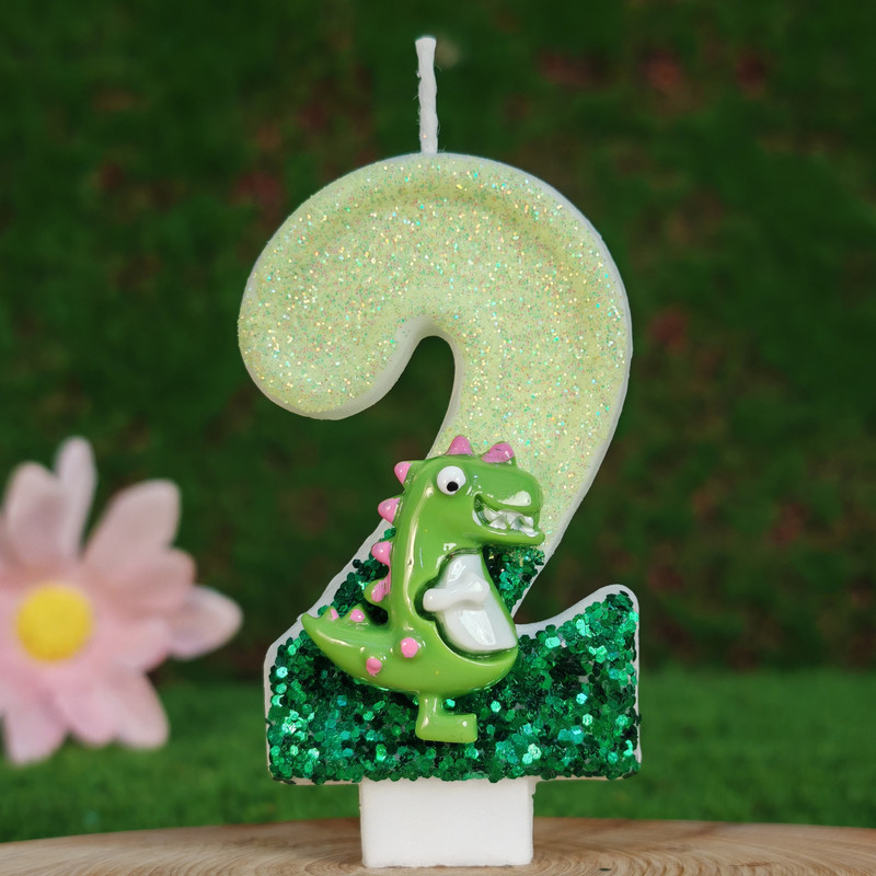 跨境创意绿色双拼色卡通恐龙亮片数字生日蛋糕蜡烛装饰气氛用品|undefined