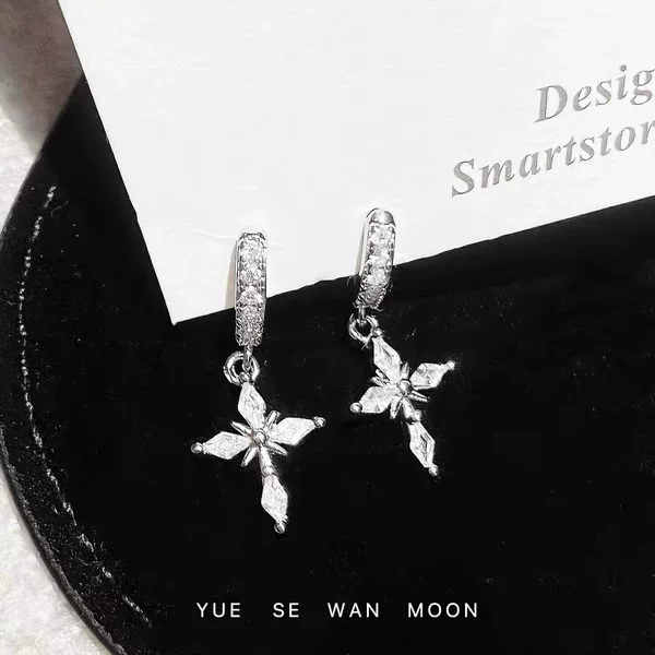 Sparkling Cross Pendant Straight Pin Earrings, Cool and Simple Style, Elegant Hoop Design, Versatile Korean and Japanese Style Earrings