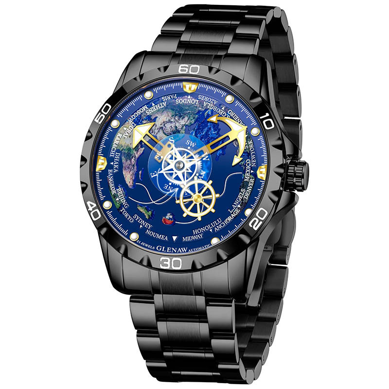 Đồng hồ nam automatic lộ máy dây thép không gỉ — Black Shell vàng kim băng thép đen, vàng shell vàng kim interneedle vàng thép dải, Vỏ bạc kim bạc dải thép bạc
