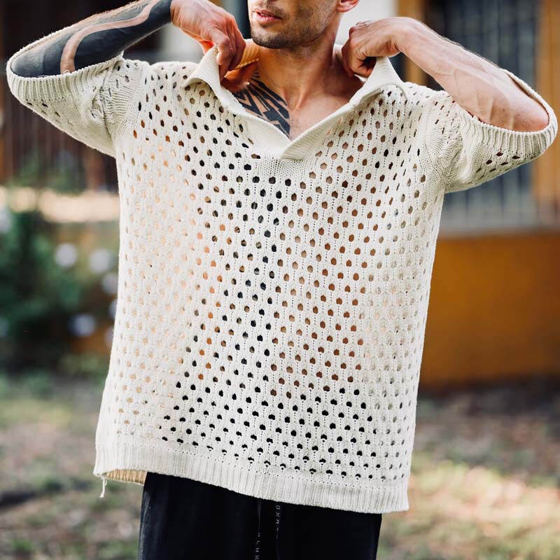 Cross-border European and American Spring and Summer New Loose Fishing Net Shirt Men's Knitted Shirt Casual T-shirt Men's V-neck Top