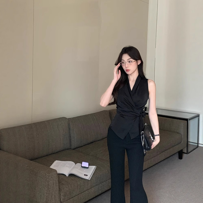 Black V Neck Sleeveless Shirt for Women in Summer Korean Style Waist Slimming Look Slimming Look Strap Design Top Satin Spandex