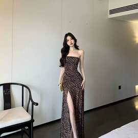 欧美性感辣妹抹胸豹纹夏季印花拼接开叉收腰紧身包臂裙