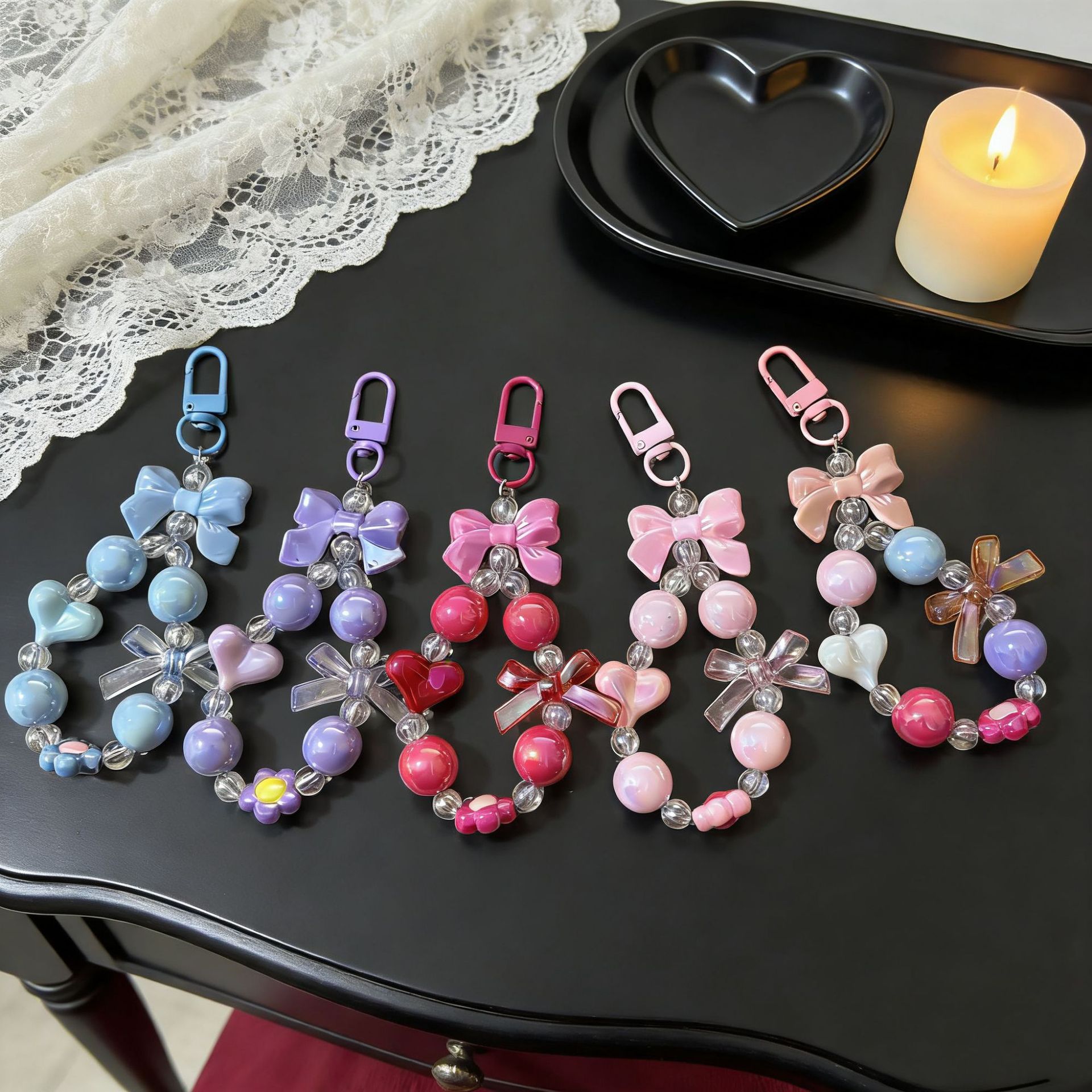 Creative Small Fresh Candy Color Plated Beaded Mobile Phone Chain Keychain Bow Heart Keychain Bag Pendant