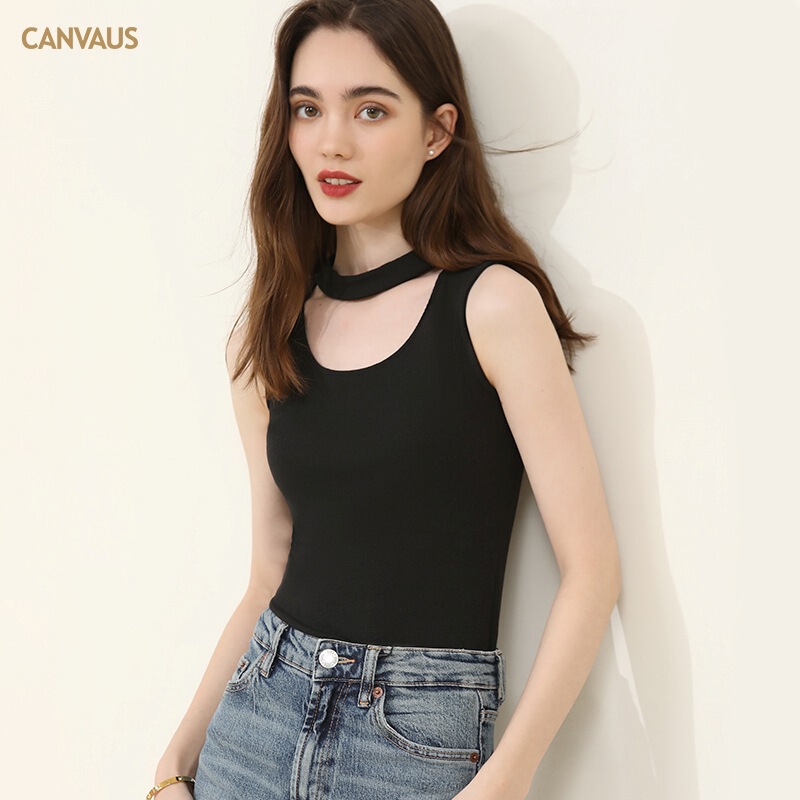 CANVAUS Design Sense Small High Neck Hollow Vest Women's Tight-fit Slimming Solid Color Sleeveless Ribbed Top for Summer