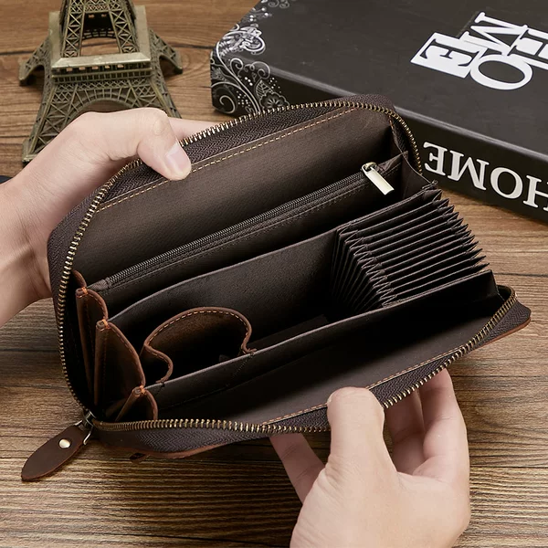 Men's Genuine Leather Wallet Cross-Border New Retro Clutch Multi-Functional Zipper Mobile Phone Bag Crazy Horse Leather Long Wallet