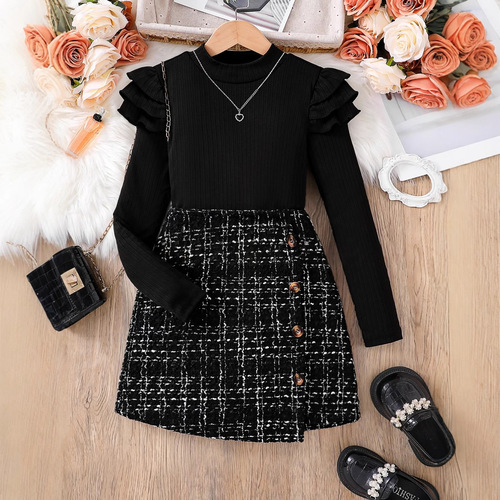 Duo Duo Spring Children's Fragrance Girl Dress with Flying Sleeve Long Sleeve Knit Irregular Semi-Skirt