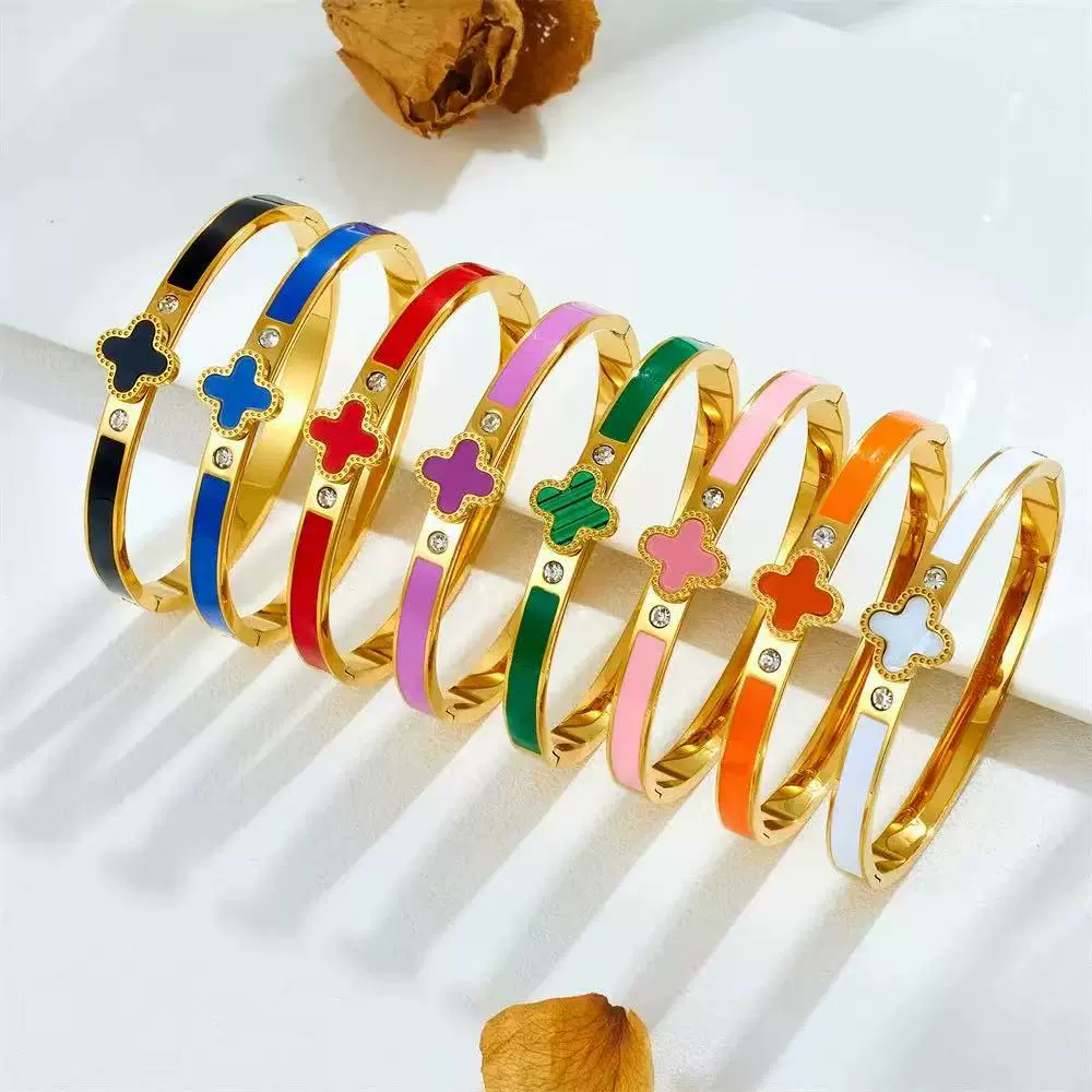 Трансграничный браслет из цинкового сплава с четырьмя листами клевера, гальванический невыцветающий браслет, высококачественный простой женский браслет из сплава с бриллиантами