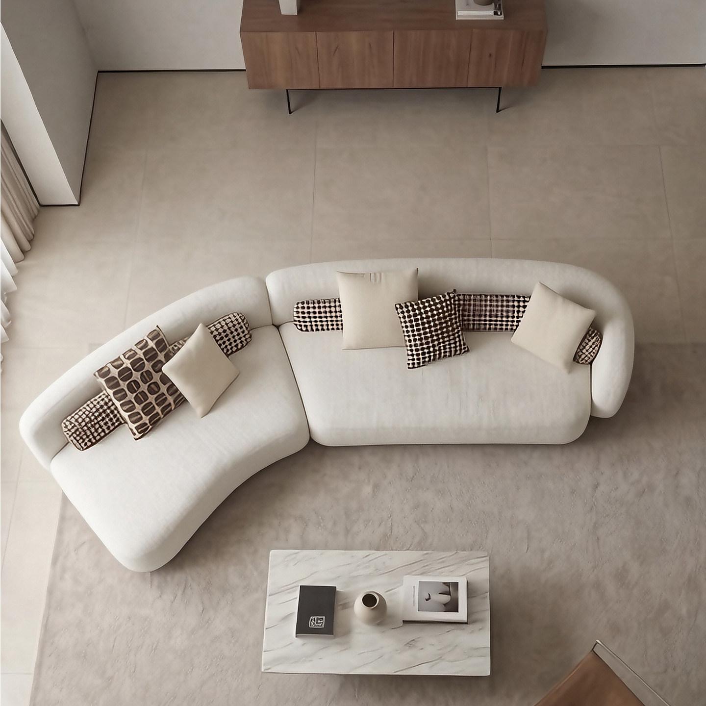 Moderno simple blanco arco VIP sofá pequeño tipo gran sala de estar crema viento sin reposabrazos sofá de tela de forma especial