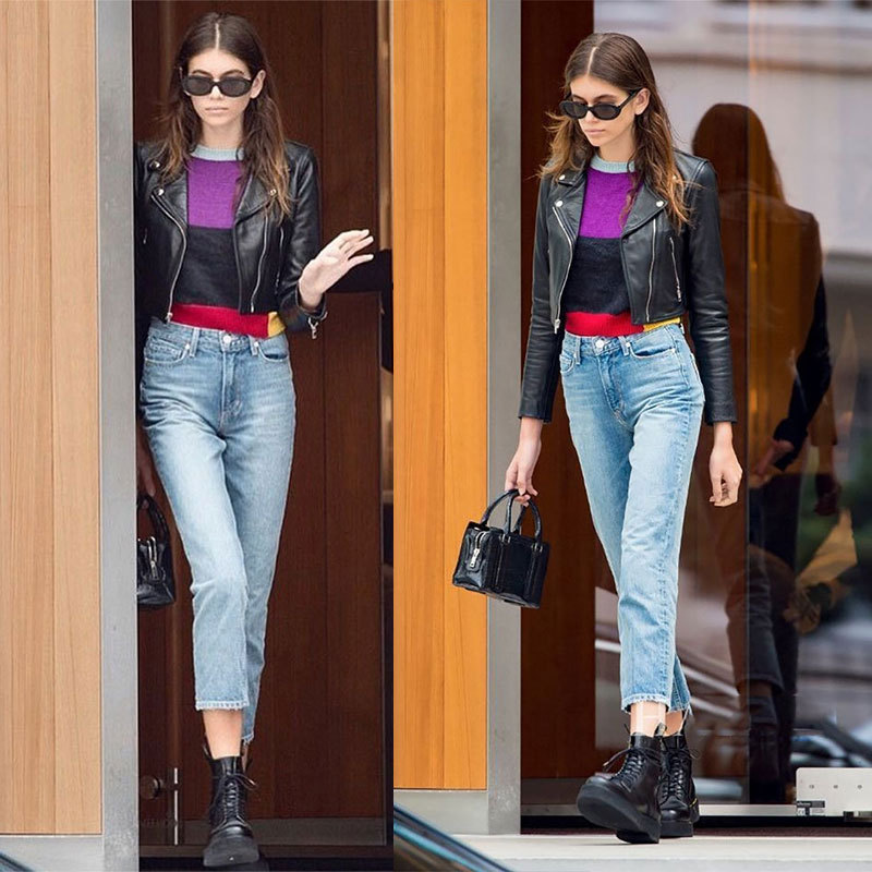 European and American Star Kaia Gerber Liu Wen's Same Style Jeans for Women High Waist Slimming Look Nine-Point Straight Boyfriend Style