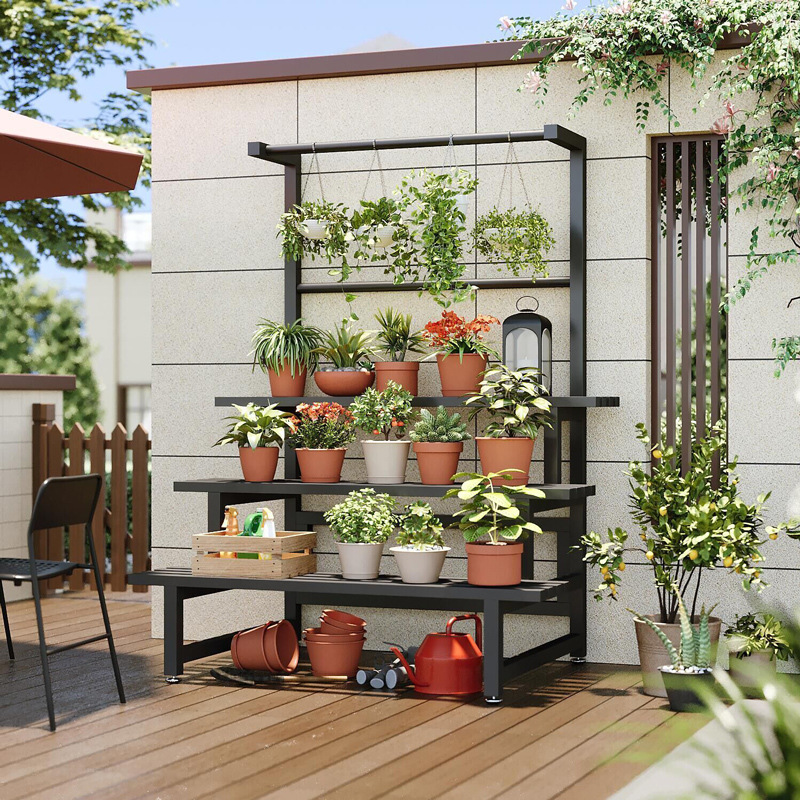 Soporte de balcón de hierro para interiores y exteriores Soporte rectangular de pie de escalera de múltiples capas Soporte de flores de pintura de acero inoxidable Rábano verde Soporte de flores suculentas